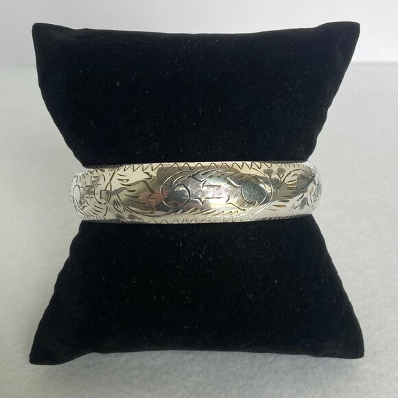 VTG Sterling Silver 925 14MM Wide Hollow Etched Scroll Round Bangle Bracelet 7" - Picture 12 of 16